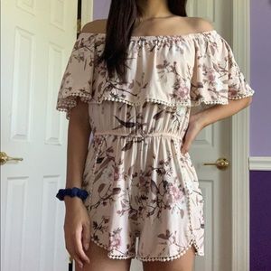 Pink floral off the shoulder romper